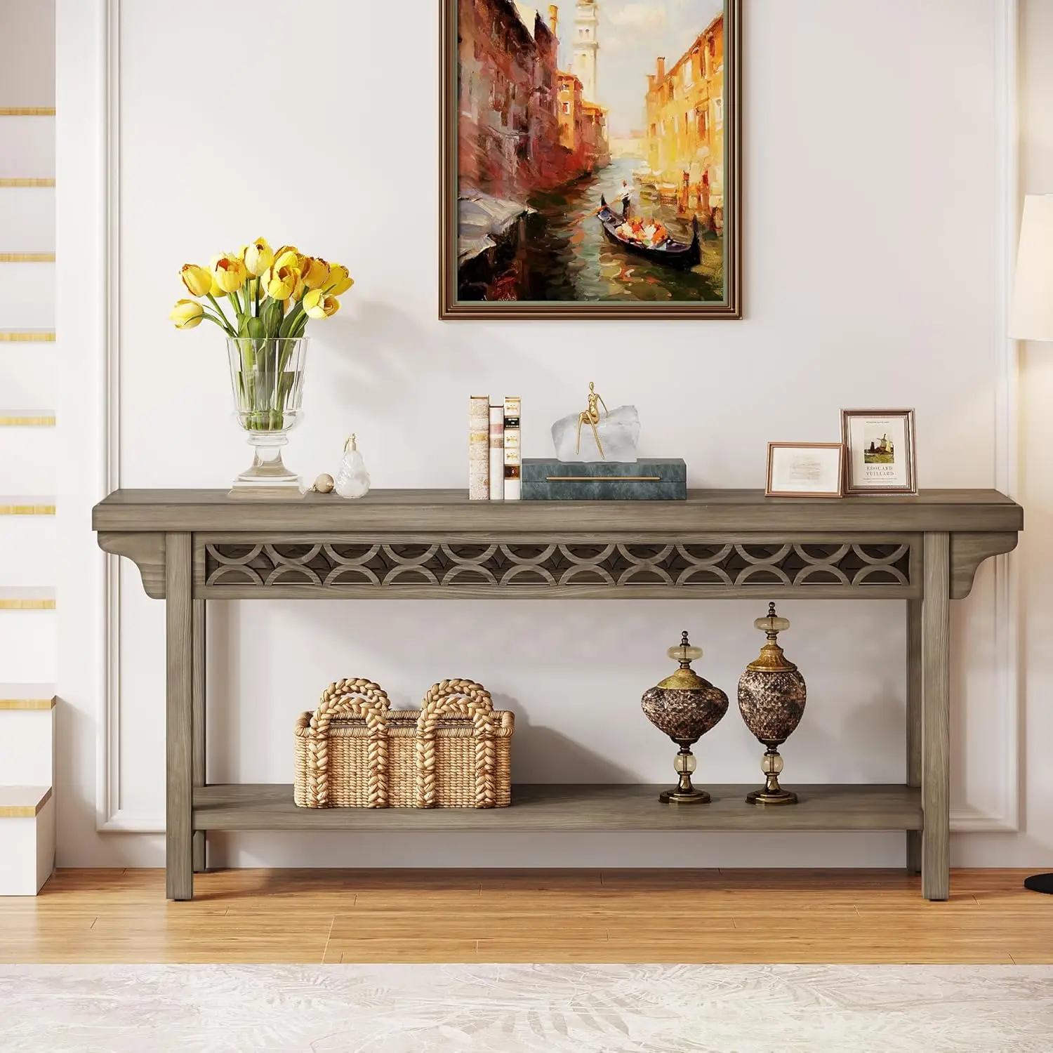 70.8-Inch Solid Wood Long Console Table, Farmhouse Entryway Table with Storage, Narrow Sofa Table Grey Couch Table for Living