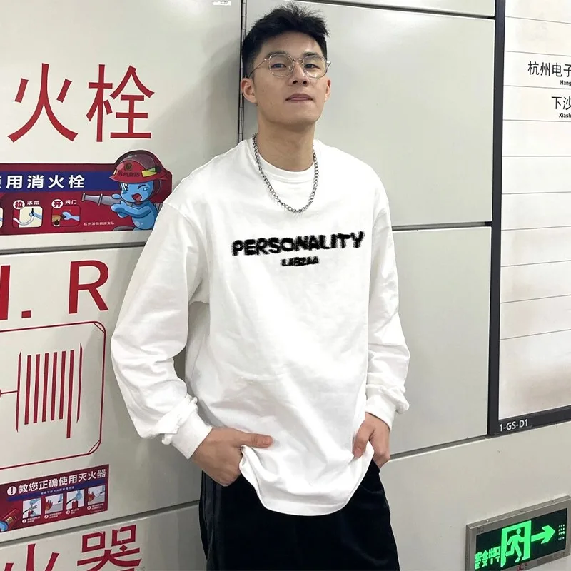 الأمريكية غير الحقيقية إلكتروني تي شيرت مطبوع الرجال 100% القطن المعتاد الأبيض س الرقبة طويلة الأكمام فضفاضة تي شيرت رياضي Y2k أفضل الرجال الملابس