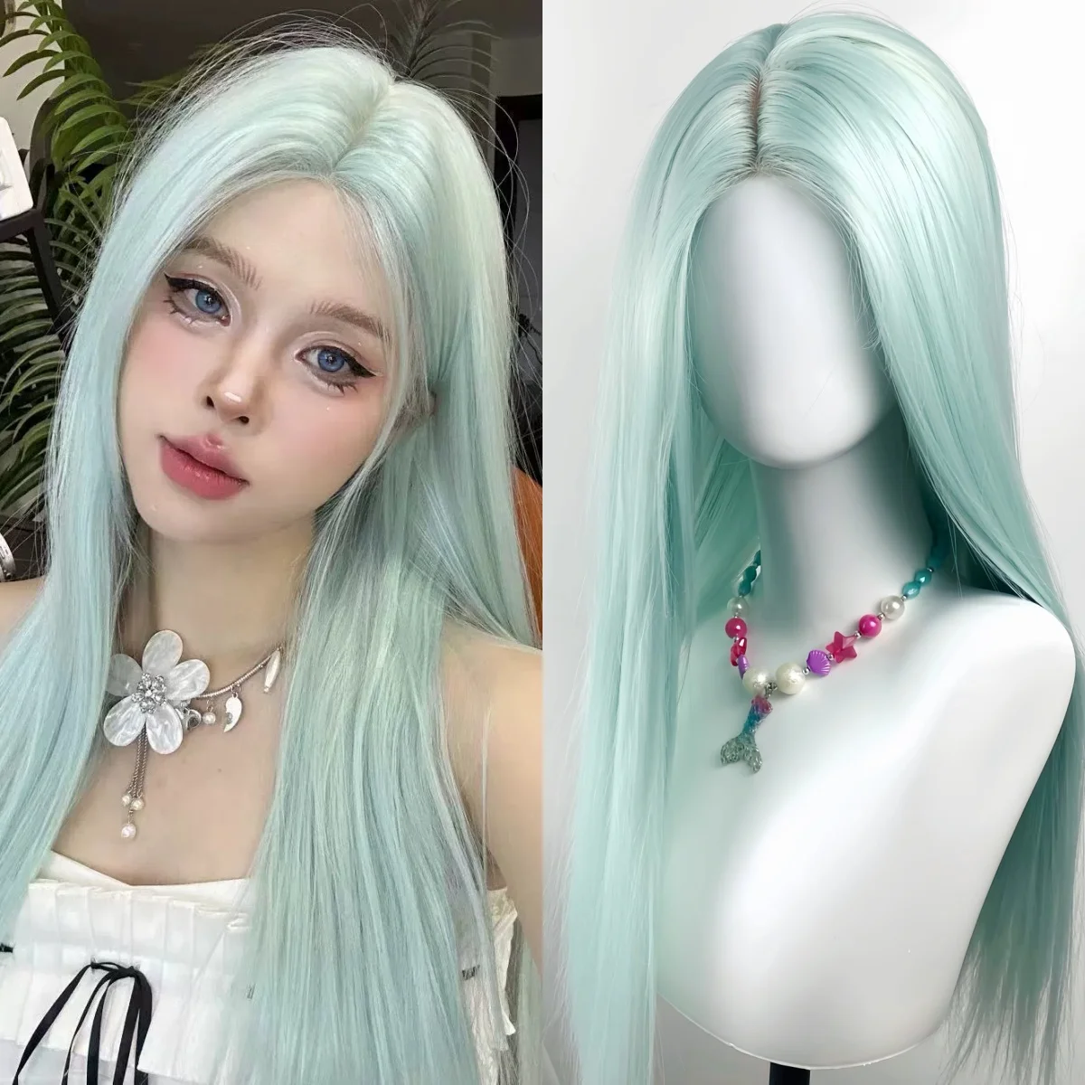 

Ashely Light Green Wig for Women 24inch Fashion Long Straight Synthetic Lolita Headband Wigs for Daily Use Party Vocation 가발