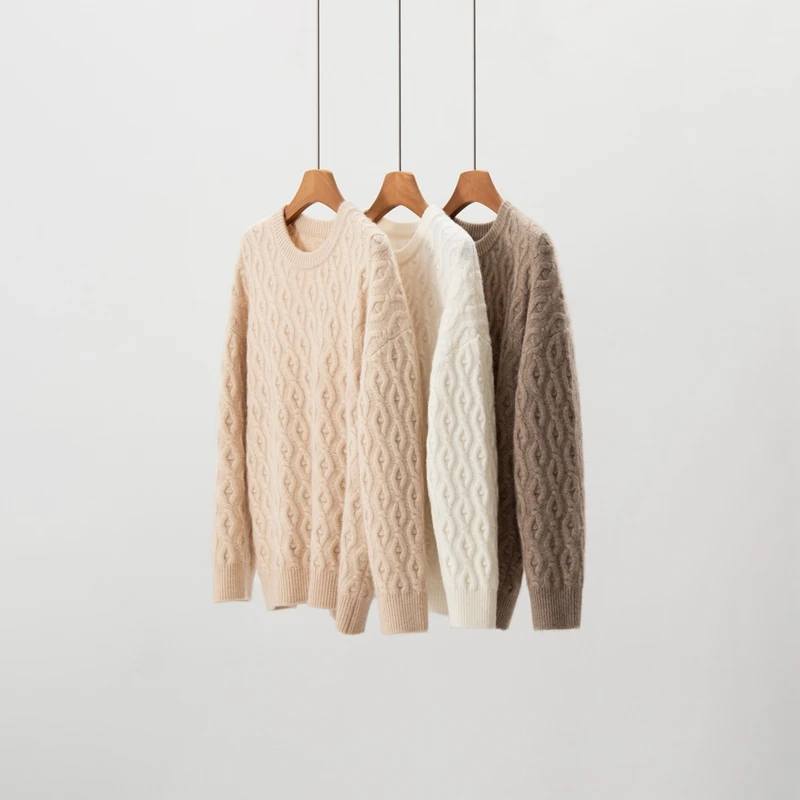 الخريف الشتاء المرأة س الرقبة الكشمير البلوفرات سترة فضفاضة 100% الكشمير تريكو تويست زهرة الملابس الناعمة حجم كبير