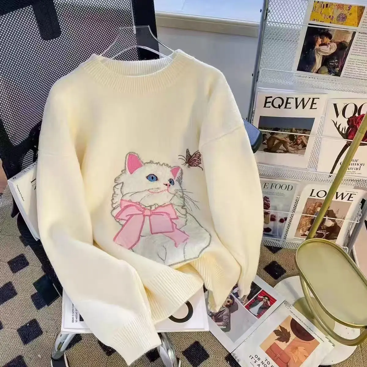 Y2k الجمالية القط التطريز الوردي محبوك البلوزات للنساء طويلة الأكمام س الرقبة عادية تريكو فتاة لاعبا الكورية اليابانية #2