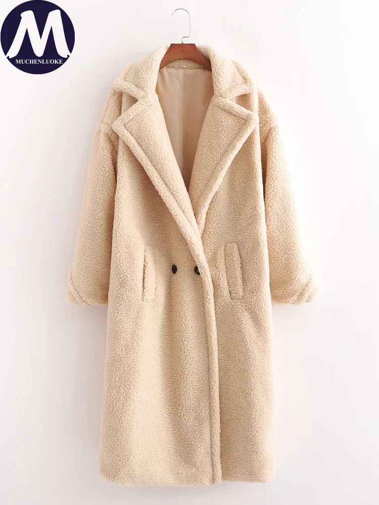 Artificial Lamb Down Lapel Mid Length Coat for Women, Warm Fur Coat, Casual Loose Overcoat, Elegant Fashion, New, Winter, 2023