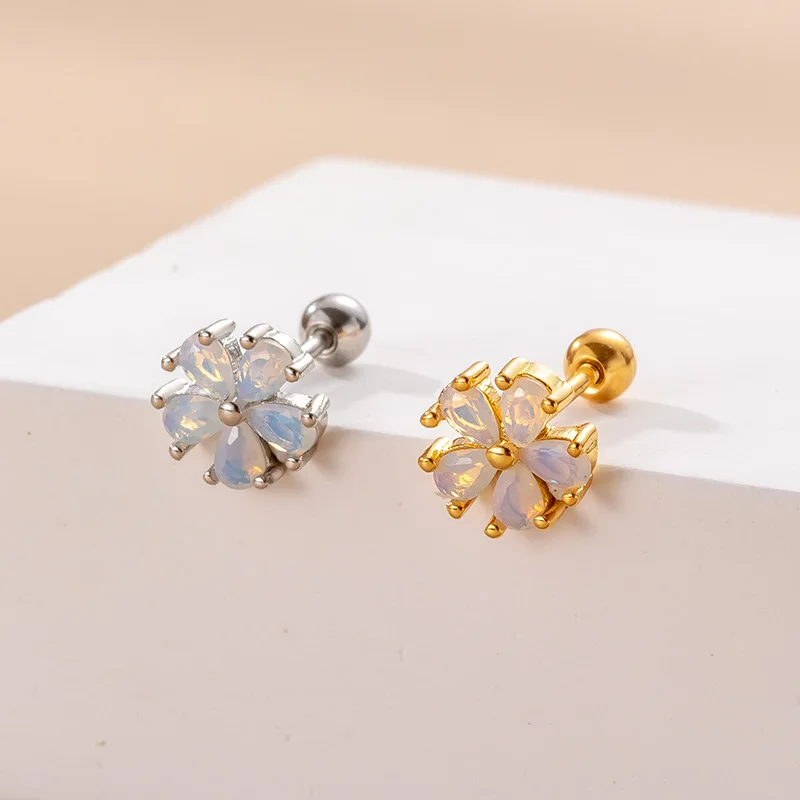 1Piece Stainless Steel Opal Stone Flower Cartilage Earrings Fashion CZ Ear Cuff Double Head Screw Stud Earrings Piercing Jewelry