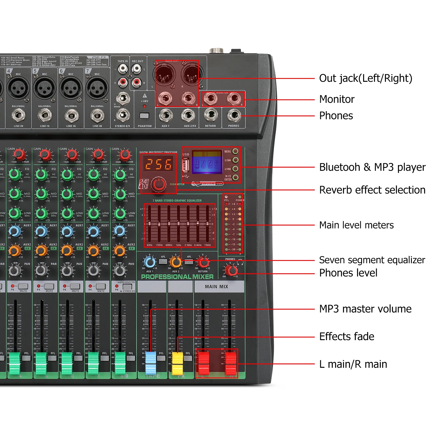 GAX-CT6 Professional 6-channel audio mixer for stage wedding performance with reverberation effect and BT USB live karaoke mixer