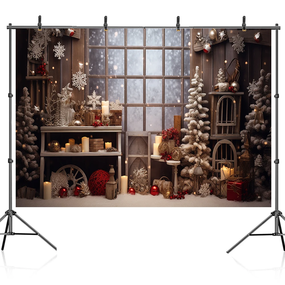 Bonvvie Christmas Backdrops Xmas Tree Gifts Wooden Window Family Party Decor Photography Background Photocall for Photo Studio