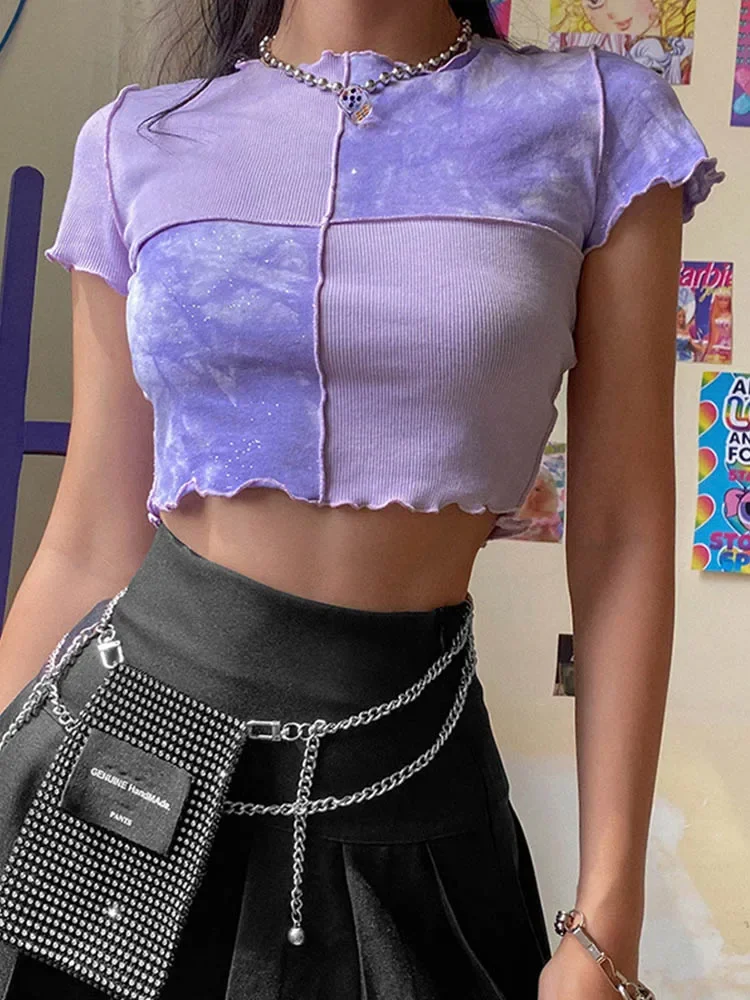 

Шикарные укороченные топы, футболки Tie Dye с блестками в стиле пэчворк, женские летние футболки с оборками по краю, фиолетовая или синяя одежда