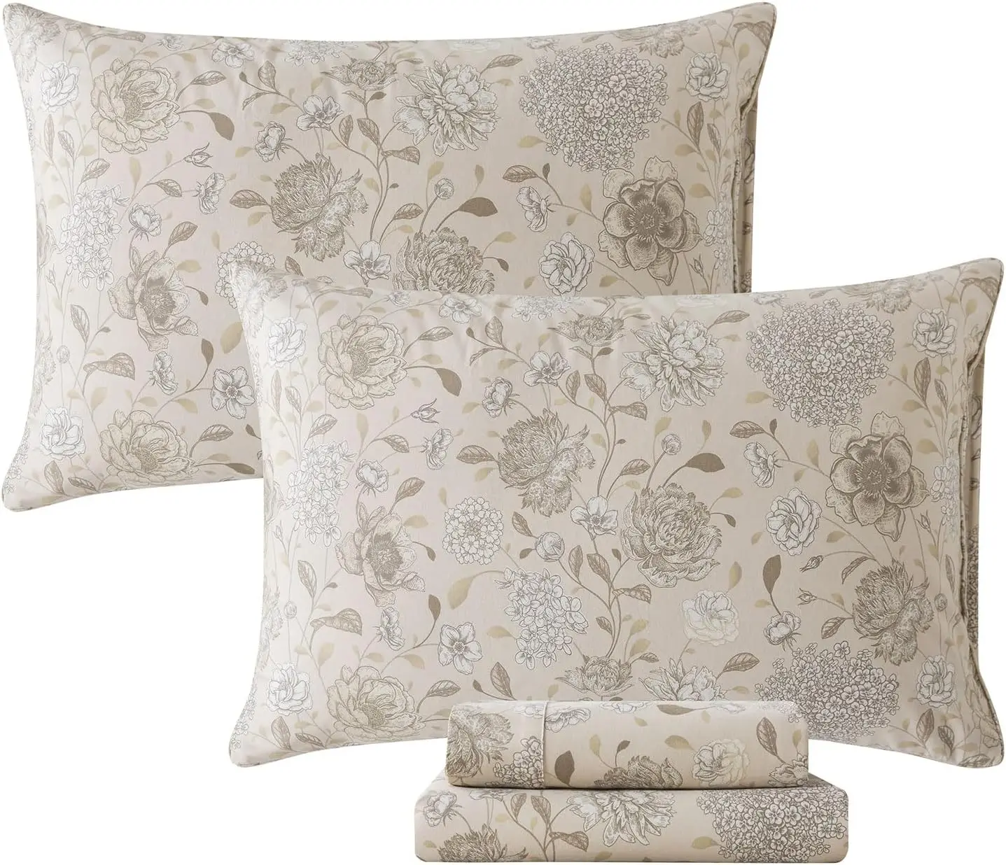 King Size 4-Piece Vintage Floral Bedding Set – Light Khaki, 100% Brushed Cotton, Hydrangea, Peony & Daisy Pattern