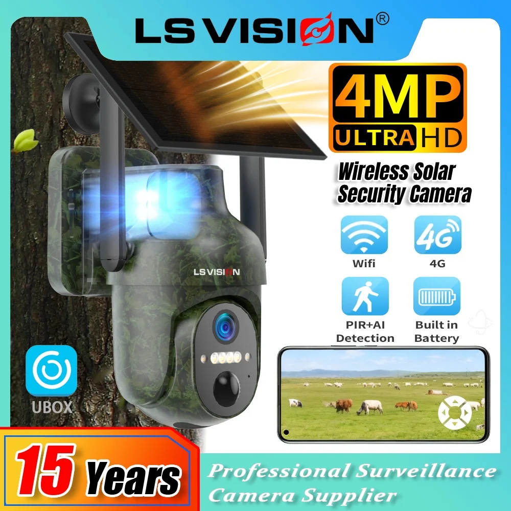 

LS VISION 5MP 4G/Wi-Fi Солнечная камера безопасности Уличная камуфляжная PTZ-камера 6 Вт Солнечная панель Охотничьи камеры наблюдения UBOX \