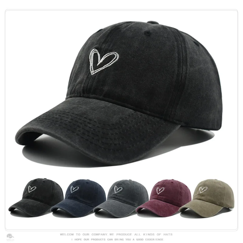 Spring Summer Embroidered Peach Heart Wash Denim Baseball Caps Casual Korean Version Thin Couple Soft Top Duck Hat Male Tide