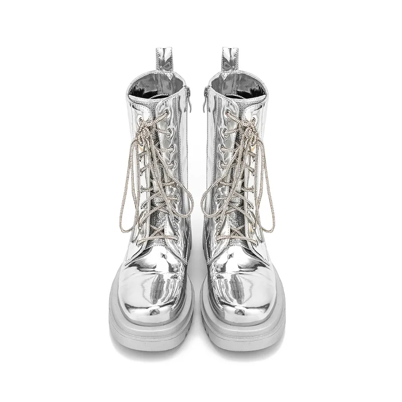 2026 Silver Belt Buckle Cross Strap Rhinestone Short Boots Casual Motorcycle Thick Sole Knight Boot Women Winter Silver Shoes