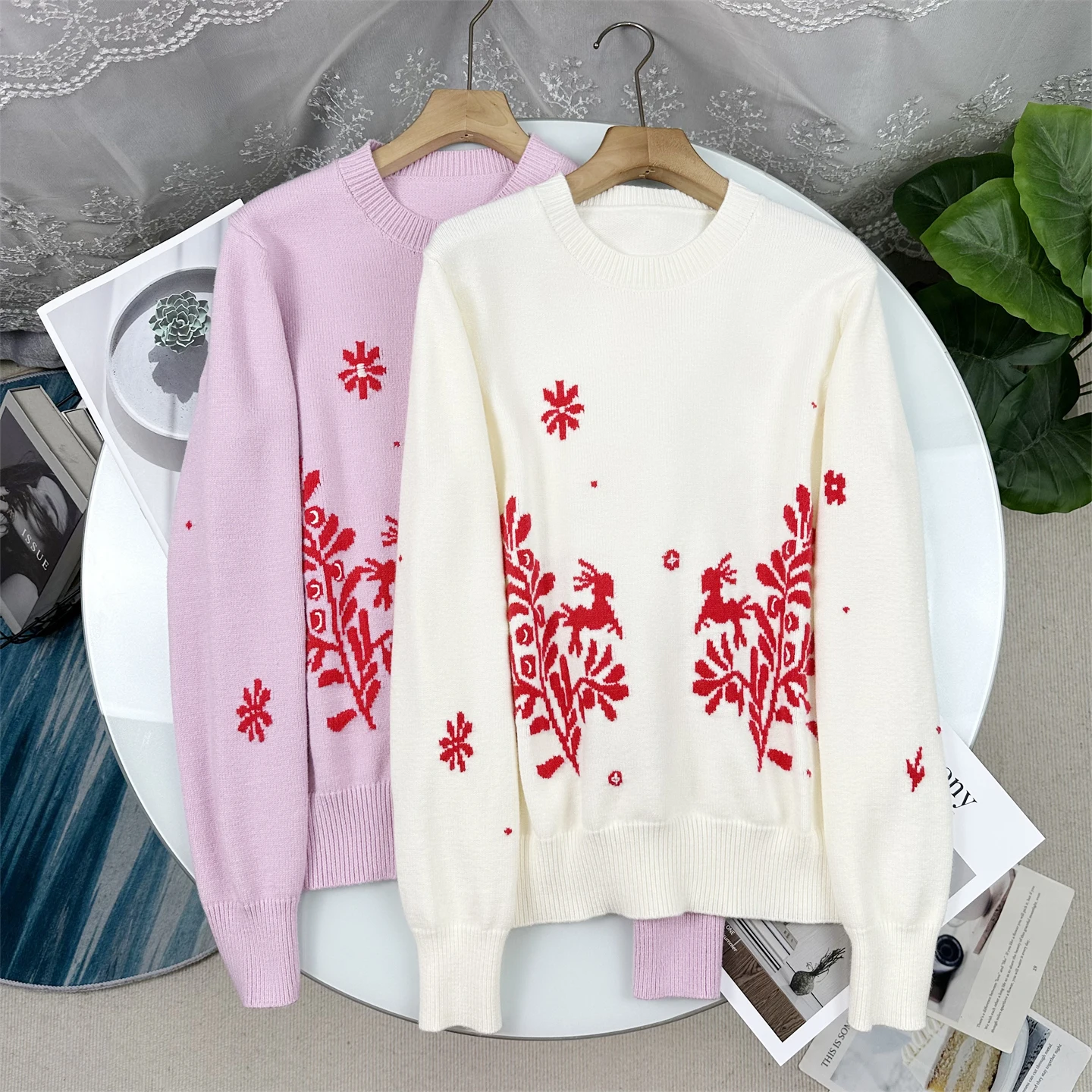 

Красный вязаный пуловер с цветочной вышивкой и круглым вырезом, свободный крой, длинный рукав, новинка Весна 2026, женский топ