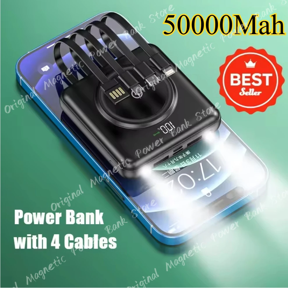 

New 50000mAh Wireless Power Bank Fast Charging Built-in Quad Power Cable Mobile Phone Charger For Iphone 14 15 16 Xiaomi Samsung