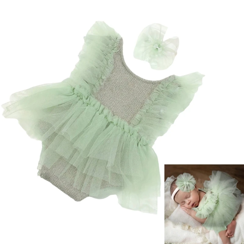 مجموعة واحدة من فستان رومبير لحديثي الولادة مع زخرفة من الدانتيل لالتقاط الصور والتجمعات العائلية مع دعائم أغطية رأس الطفل 24BE