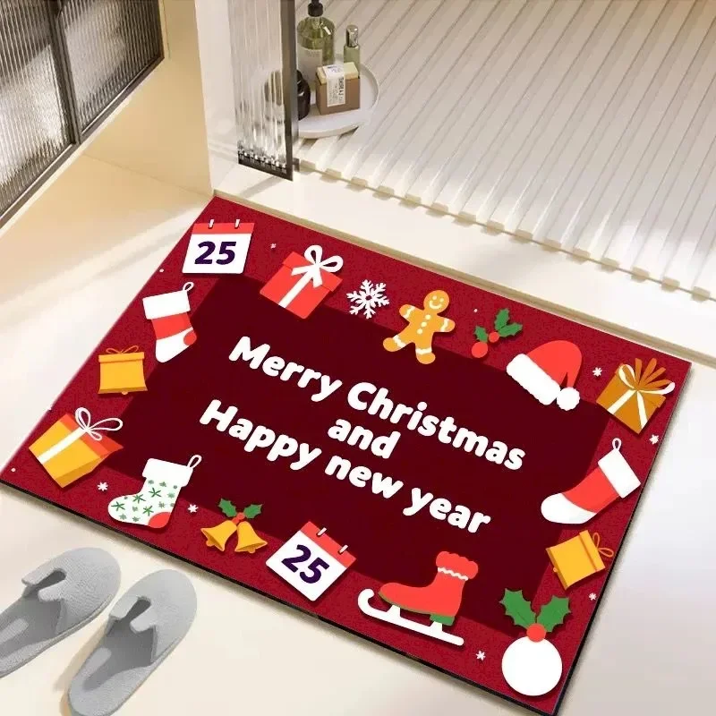 Merry Christmas Doormat Gift Box Stocking Gingerbread Man Floor Rug for Front Door Entrance Indoor Home Xmas Holiday Decor