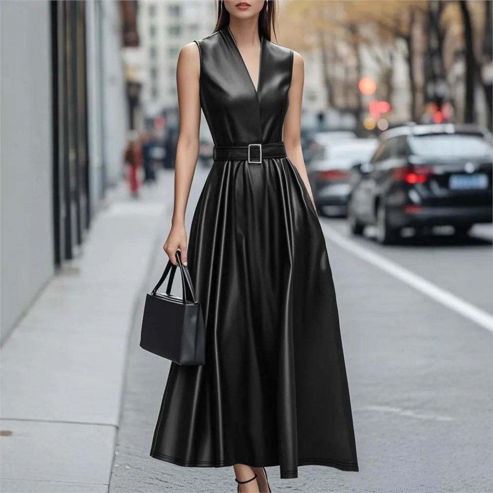 

Solid Color Sleeveless Belt Dress Spring Summer New Women's Fashion V-neck Swing Long A-Line Dress Vestidos De Fiesta Elegantes