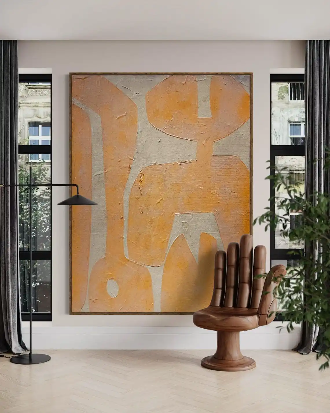 Large Abstract Textured Handmade Painting Mustard Yellow Abstract Painting Mid Century Modern Wall Art Beige Painting Home Art