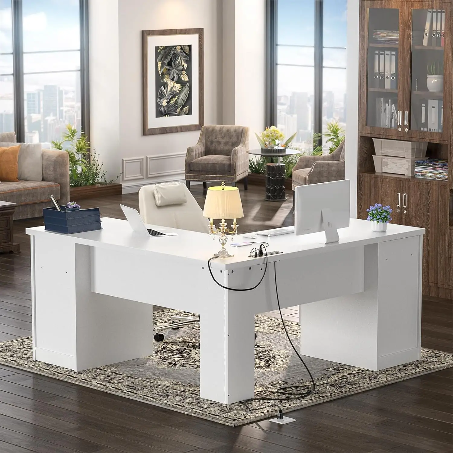 Computer Desk with Drawer, 60 Inch Office Desk with Power Outlets and USB Ports, Large L Shape Corner Desks wit