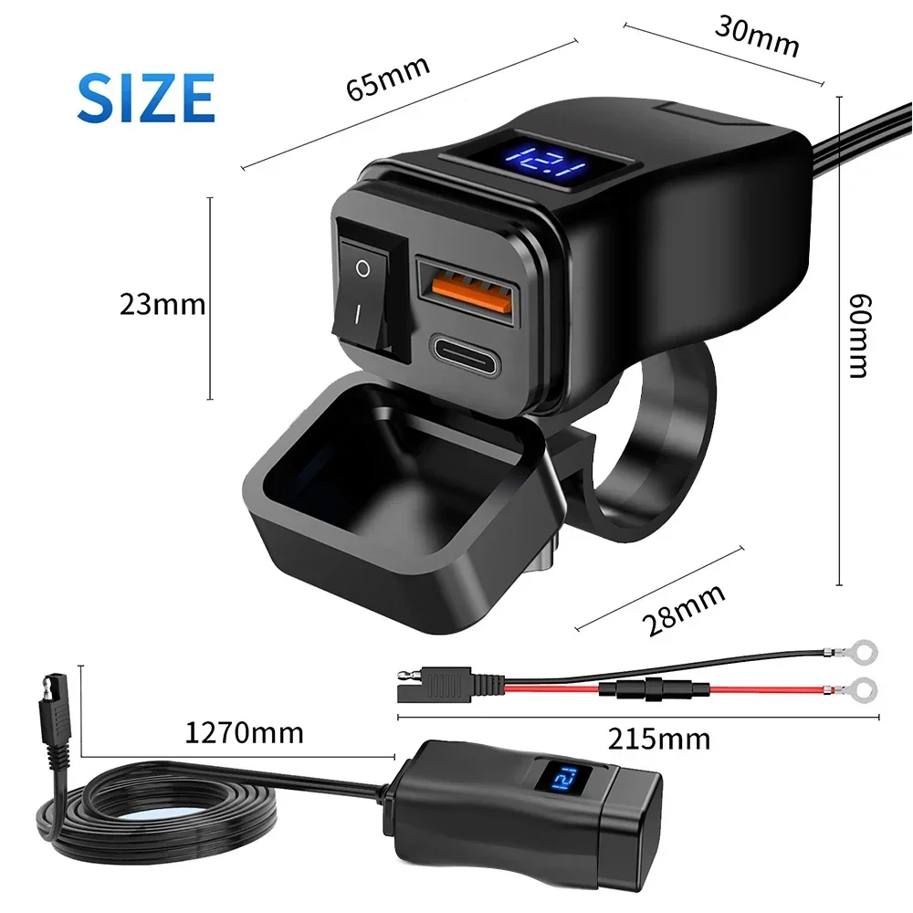 PD QC3.0 Motorcycle USB Fast Charger 60W Handlebar Dual USB Socket with Switch Voltmeter Waterproof 12V Power Supply Adapter