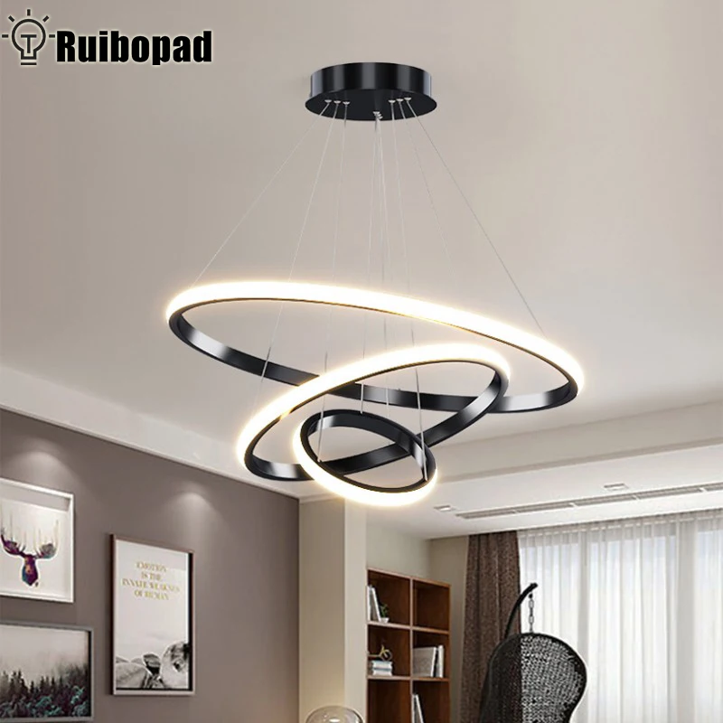 Modern Round Three-Ring Led Lustre Chandeliers For Dining Living Room Luxury Gold Black Round Ring Pendant Lamp Light decoration