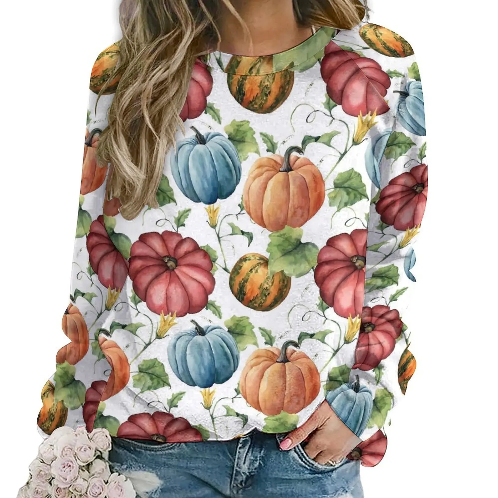 

Colorful Fall Pumpkins Hoodies Lady Long-Sleeve Orange And Blue Aesthetic Casual Hoodie Classic Oversize Graphic Sweatshirts