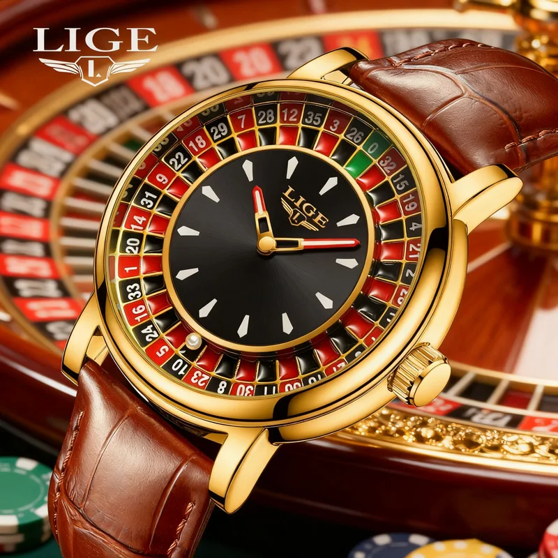 

LIGE Mens Watches Creative Golden Roulette Game Dial Fashion Watch Man Waterproof Luminous Quartz Wristwatches Rolling Ball+Box