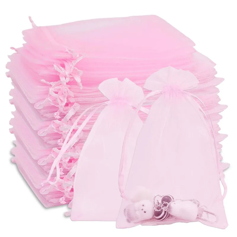 

50pcs Pink Small Large Organza Bags Favors Wedding Pouches Jewelry Packaging Bags Party Decoration Supplies Gifts Accessories