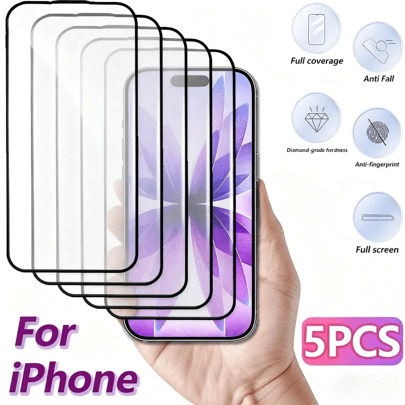 

5Pack HD Clear Tempered Glass Screen Protector for iPhone 17 16 Pro Max Air 16e 15 14 Plus 13 12 11 Pro Mini XR XS Max Glass