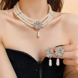 Rhinestone Flower Pearl Multi-layer Necklaces for Women French Luxury Niche Bracelet Temperament Fashion Earrings Jewelry Sets