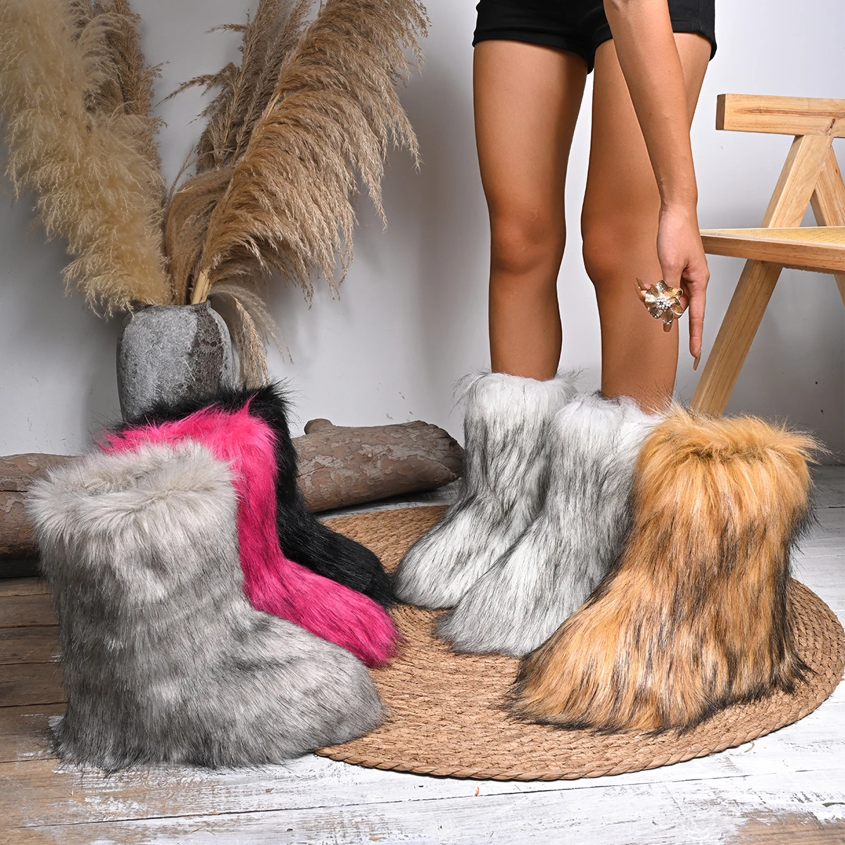 Fur Women Snow Boots Winter Warm Plush Ankle Boots Women Outdoor Platform Solid Color Mid Calf Boots Trend Furry Cute Girl Shoes