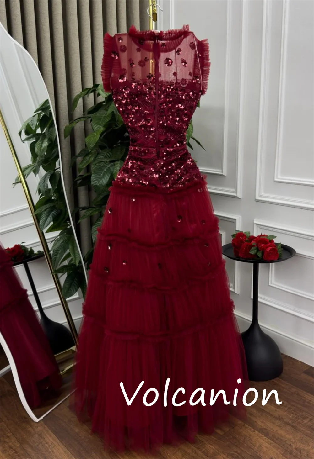Customized Sparkle Net Sequined Pleat A-line Scoop Neck Long Dresses Bespoke Occasion Modern Style Simple