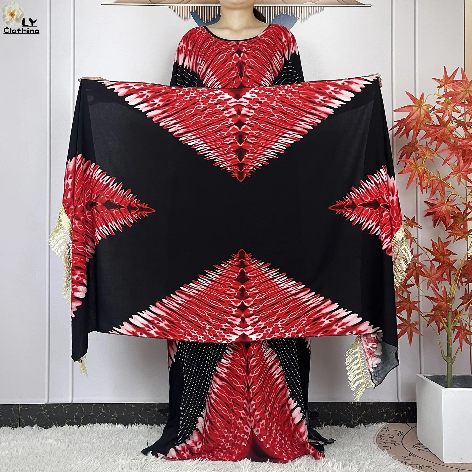 2024 New Muslim Women Dashiki Printed Dress Flower Diamonds Loose Dress With Big Scarf Islamic African Women Short Sleeve Abaya