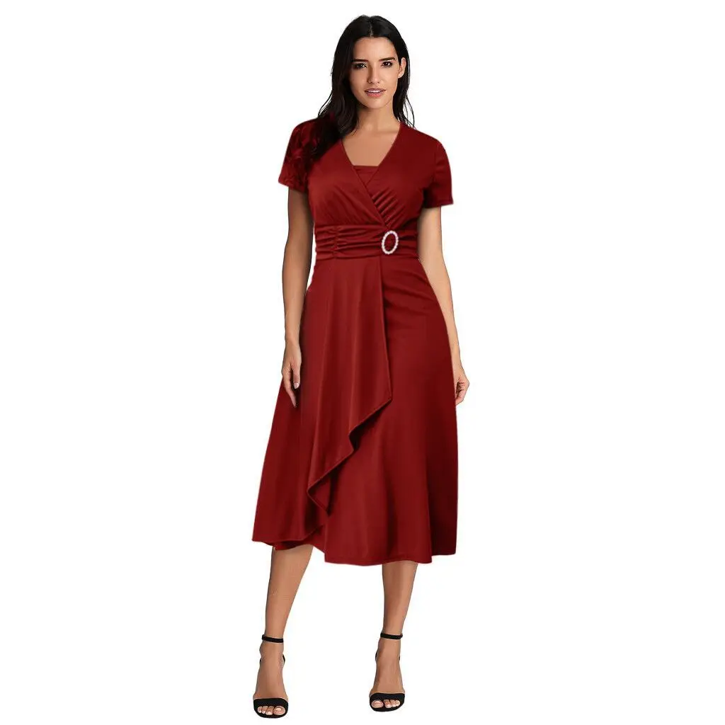 

Women's Dress V Neck Solid Color Short Sleeve High Waist Asymmetric Skirt Evening Banquet Elegant Stretch Midi Dress for Female