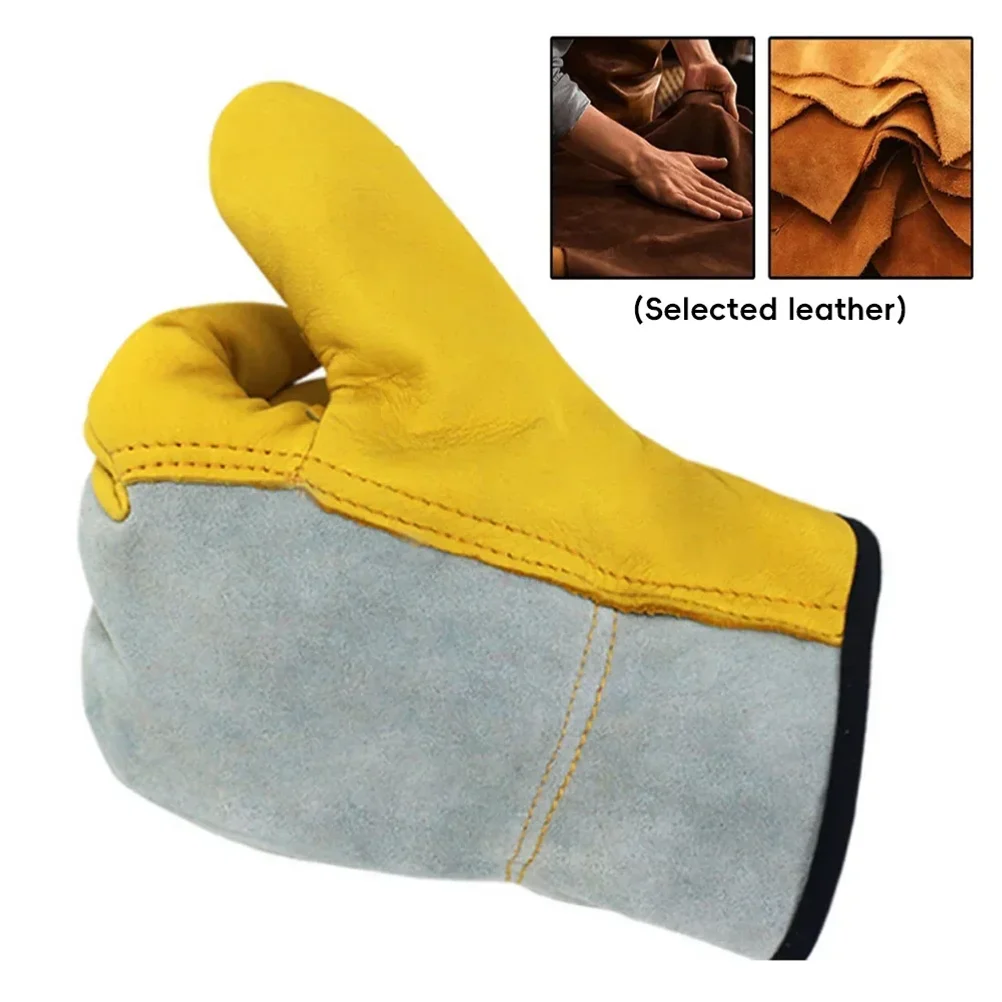 1 Pair Leather Working Gloves Stretchable Wrist Tough Cowhide Gloves Wear Resistant Anti Heat Labour Protection Welding Gloves