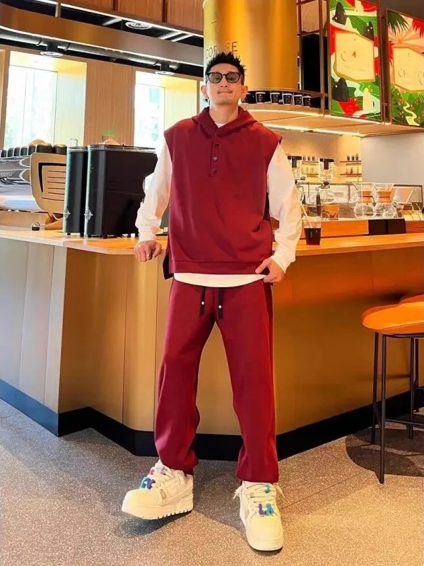 

plus Size 300 Pounds American Casual Sports Set Men's Spring Autumn Simple Style Hooded Vest Long Pants Two Pieces