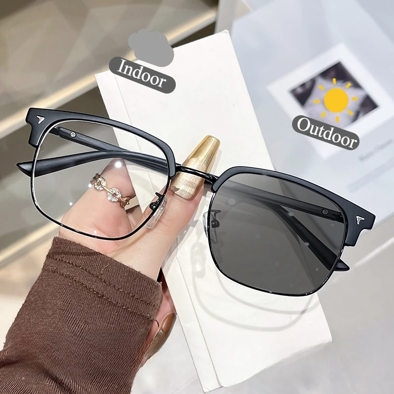 Retro Photochromic Reading Glasses for Women Men Anti Blue Light Plus Diopter Eyewear Square Smart Changing Color Sunglasses