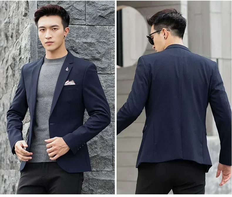 High Quality Men Blazer Korean Slim Fit Elegant Business Casual Suit Jacket Solid Color Blue Apricot Gray Wedding Banquet Dress