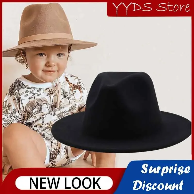 Children's Wide-brimmed Top Hat British Gentleman S Jazz Flat-brimmed Hat Parent-child Spring and Autumn Imitation Wool Top Hat