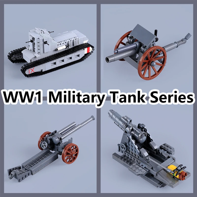 WW1 Military British Army Tank Building Blocks War Howitzer Artillery Soldier Figures MOC Battle Scene Model DIY Bricks Toy Gift