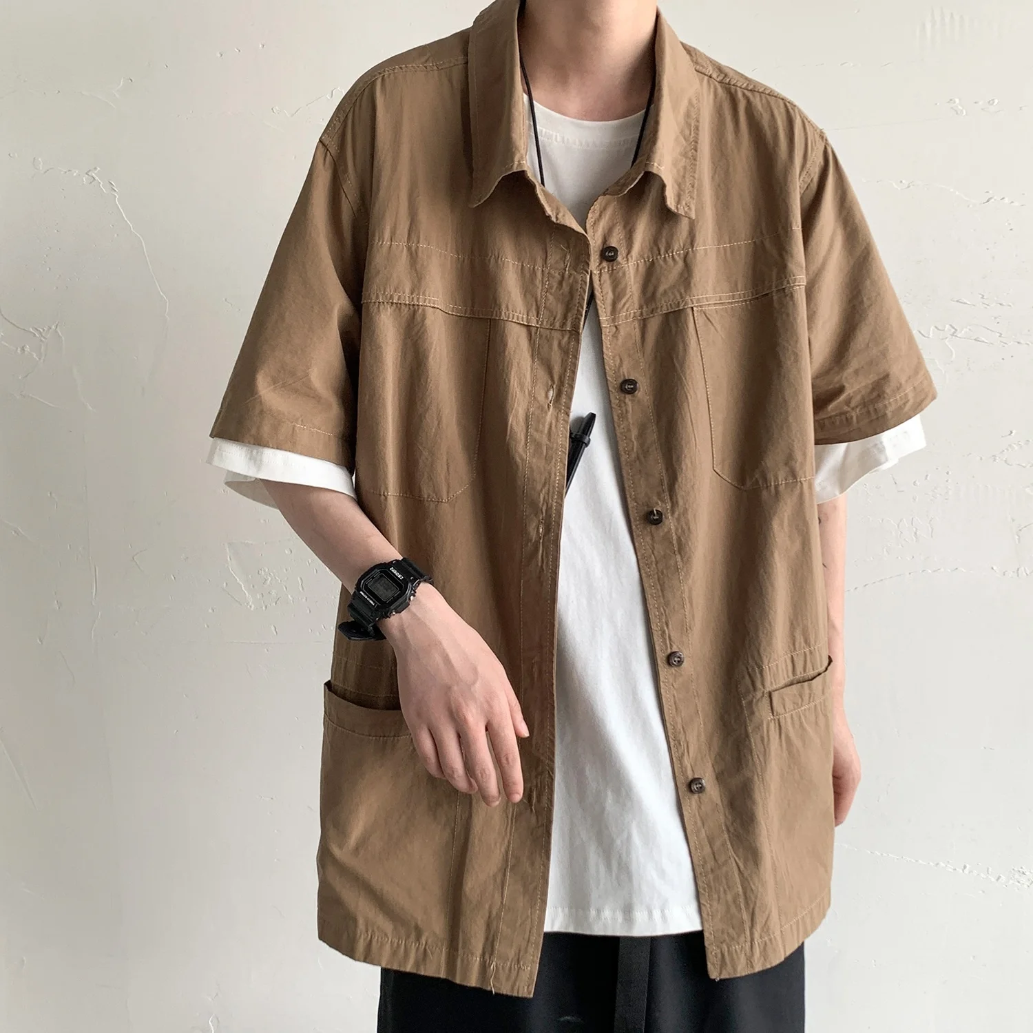 

Summer Men's ort Sve Workwear irt Hong Kong Sle Haome Casual Outerwear Loose Fit Pure Color Square Collar