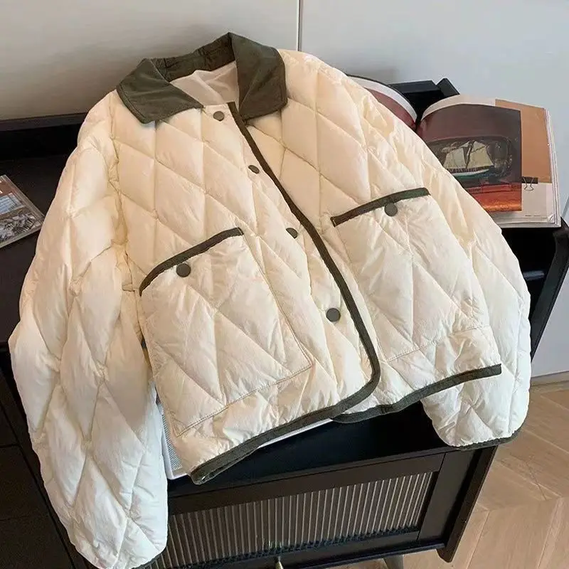 New Korean Style Fragrance Short Cotton-Padded Jacket 2024 Contrast Color Diamond Check Design Lapel Winter Cotton-Padded Jacket