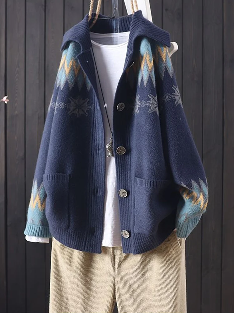 Cardigans de malha com gola virada para baixo feminino, suéteres de lã, jacquard, bolsos grandes, malhas soltas casuais, botões, novo, outono, 2022