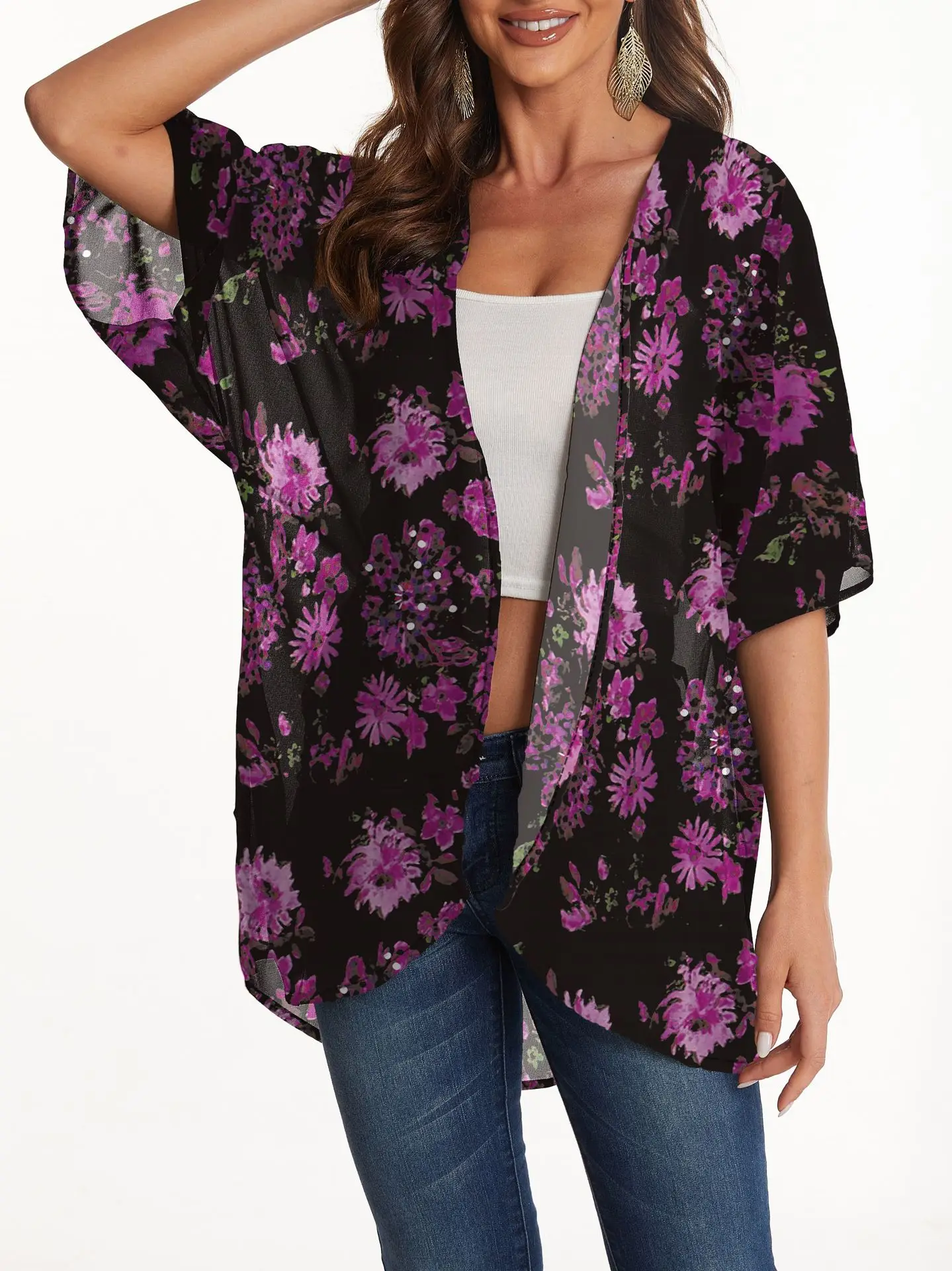 Women Chiffon Shirt 2025 Summer New Floral Print Loose Half Sleeve Shawl Cardigan Casual Boho Hawaii Bikini Cover Up