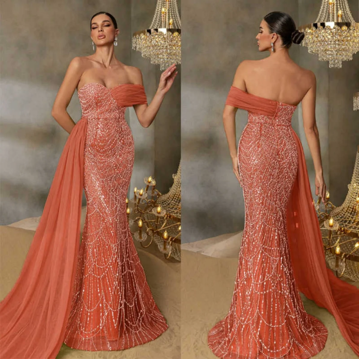 

Sparkly Evening Dresses Sequins Bead Crystal with Detachable Train Gown Designer Prom Dress Vestido De Noite Customized