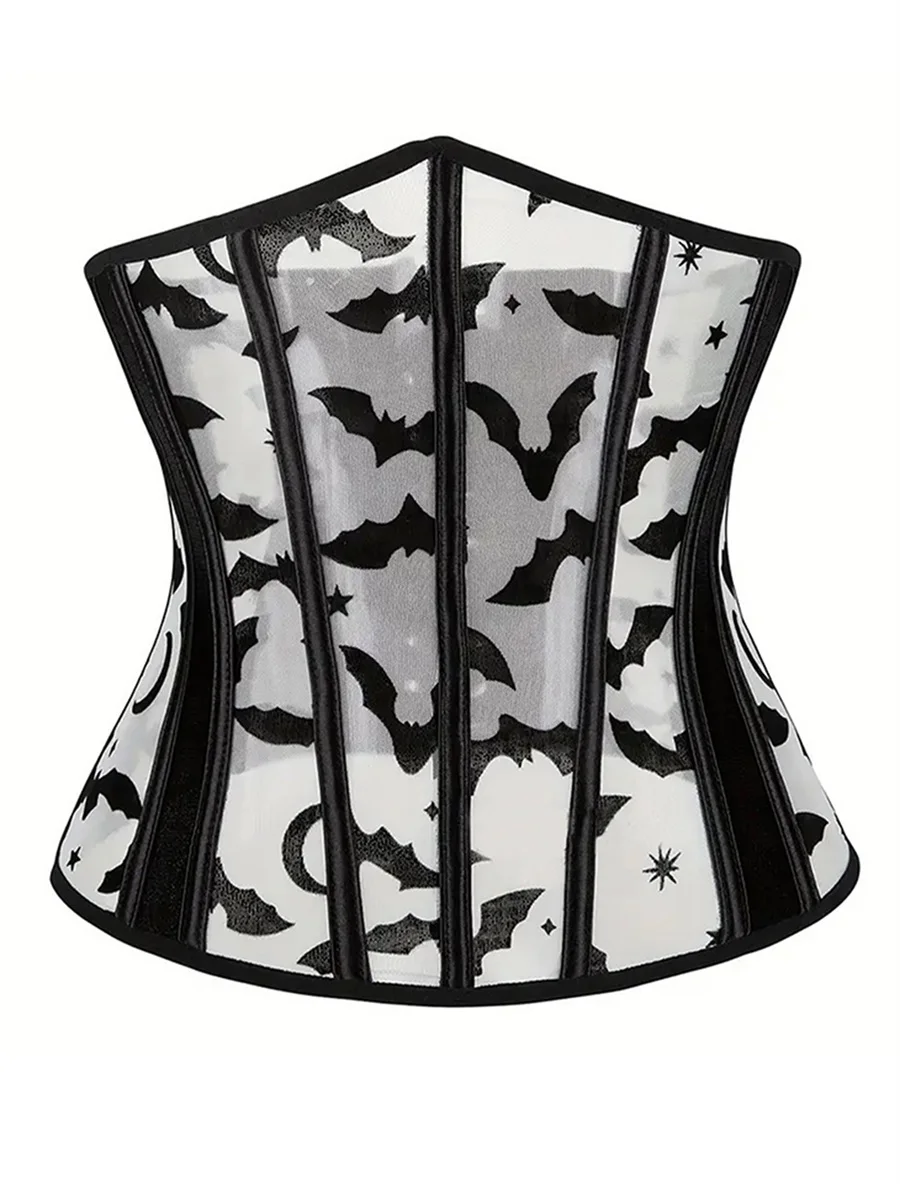 Saco de impressão de morcego Halloween para mulheres, underbust espartilho tops, shapewear, tie up cincher, cintura para vestido, streetwear