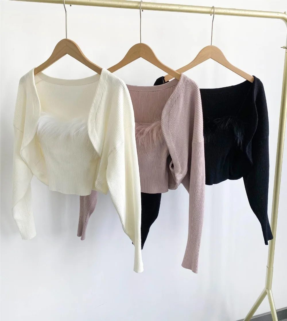 Neploe Solid Long Sleeve Sling Sets Jumper+square Collar Sweet Fresh Casual Sweaters Japanese Knit Fashion Suit Pull Femme