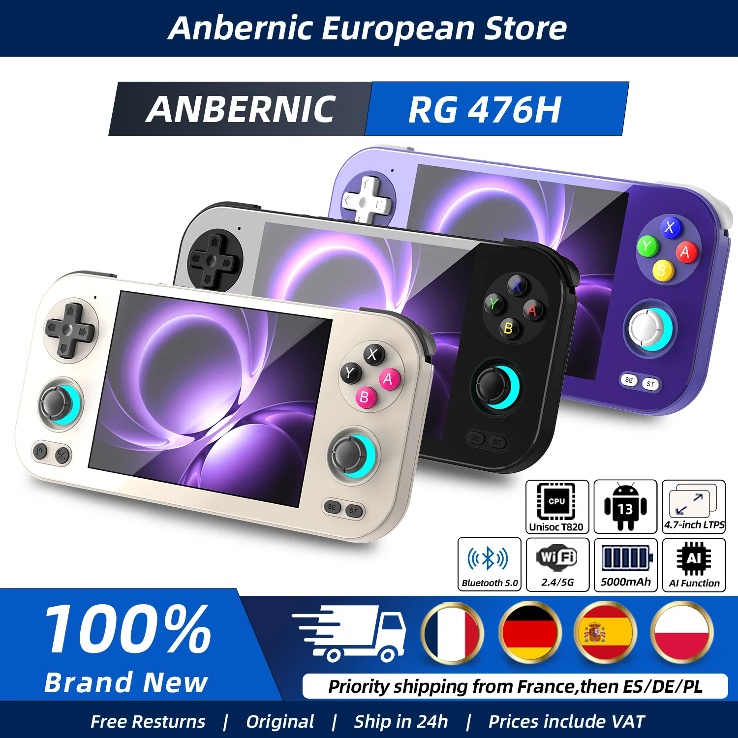 Console de jeu rétro portable Anbernic RG476H, écran LTPS In-Cell de 4,7 pouces, Android 13, stockage 128 Go UFS2.2, joystick 3D AI, WiFi, Bluetooth