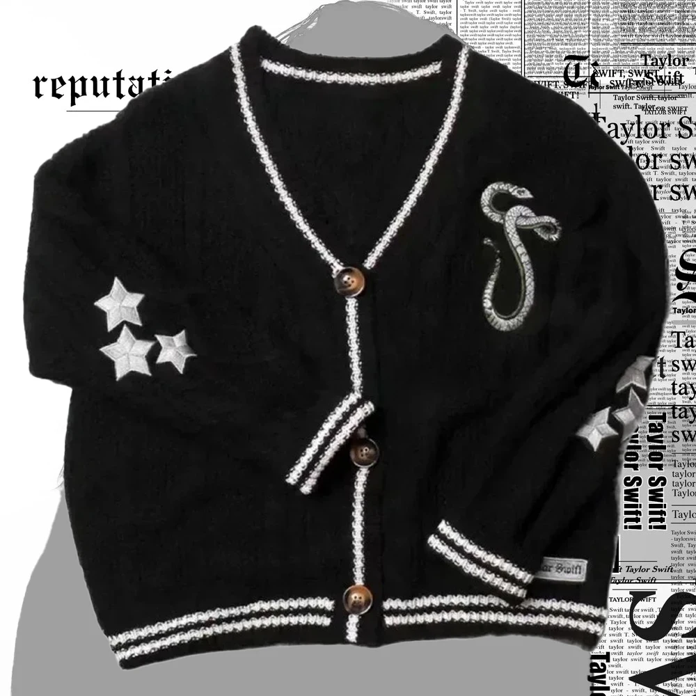 

Репутационный кардиган с вышивкой змеиной звезды REP Кардиган на пуговицах Негабаритный вязаный свитер Куртка Tay TS Зимняя фаната