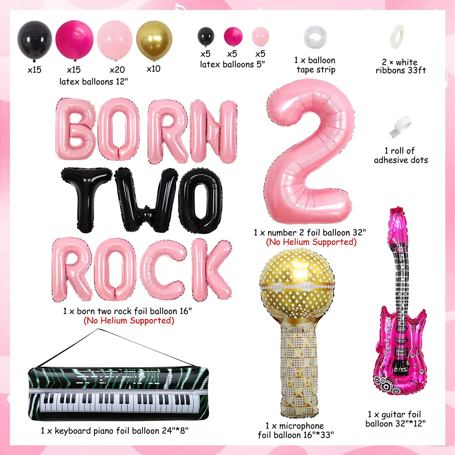 Imagem -02 - Nascido Dois Rock Decorações de Aniversário para Menina Rock And Roll 2nd Birthday Party Supplies Rosa Preto Rock Tema Balão Garland Kit