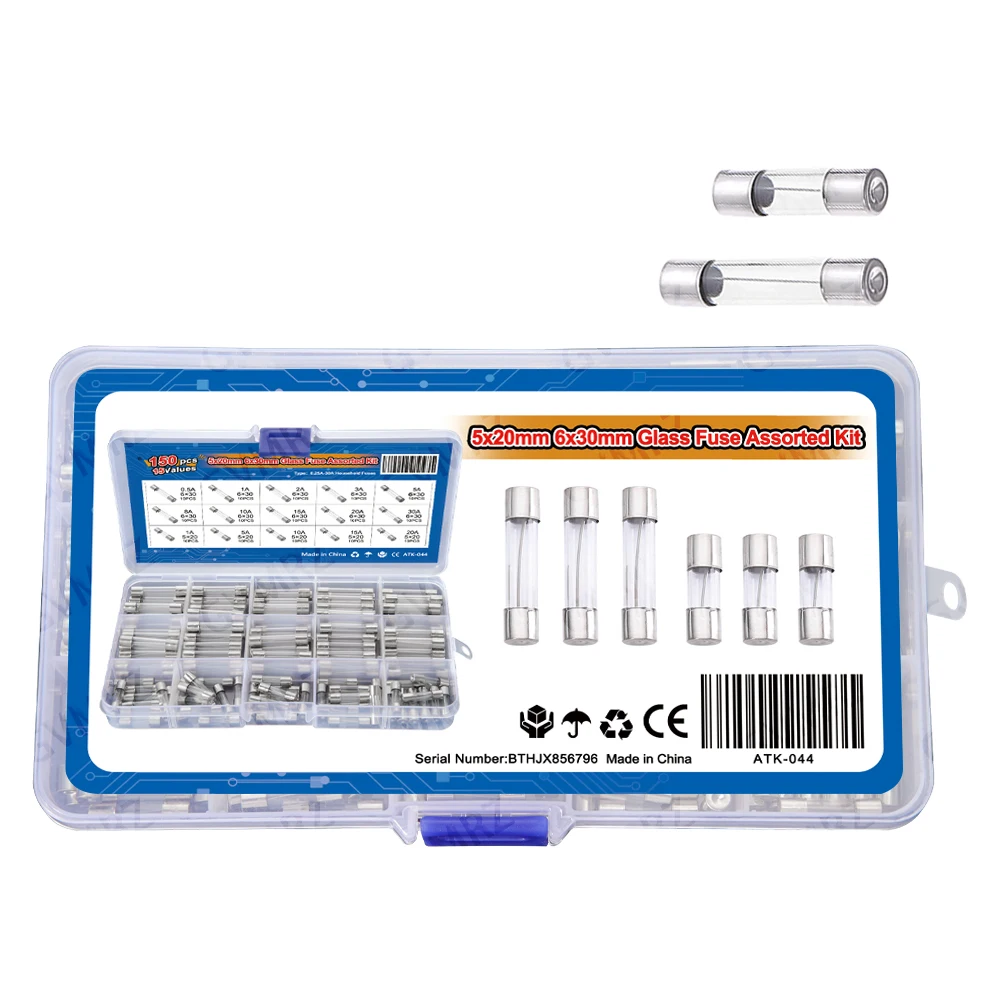 150PCS 10A 15A 20A 30A 15value 5x20mm 6x30mm Glass Fuse Assorted Kit Box 0.25A 0.5A 1A 2A 3A 5A 8A 5x20 6x30