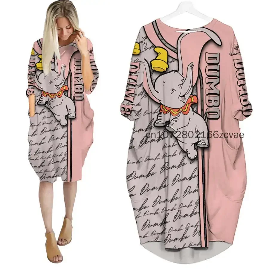 Cute Disney Dumbo Women's Batwing Pocket Dress 3D Printed New Disney Oversize Fashion Street Dress Long Sleeve Sleeping Dress